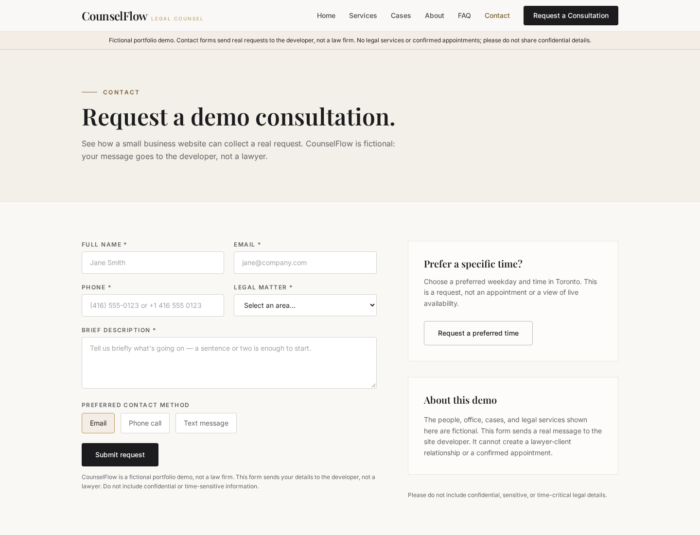 CounselFlow consultation request form alongside a preferred-time option and demo disclosure.