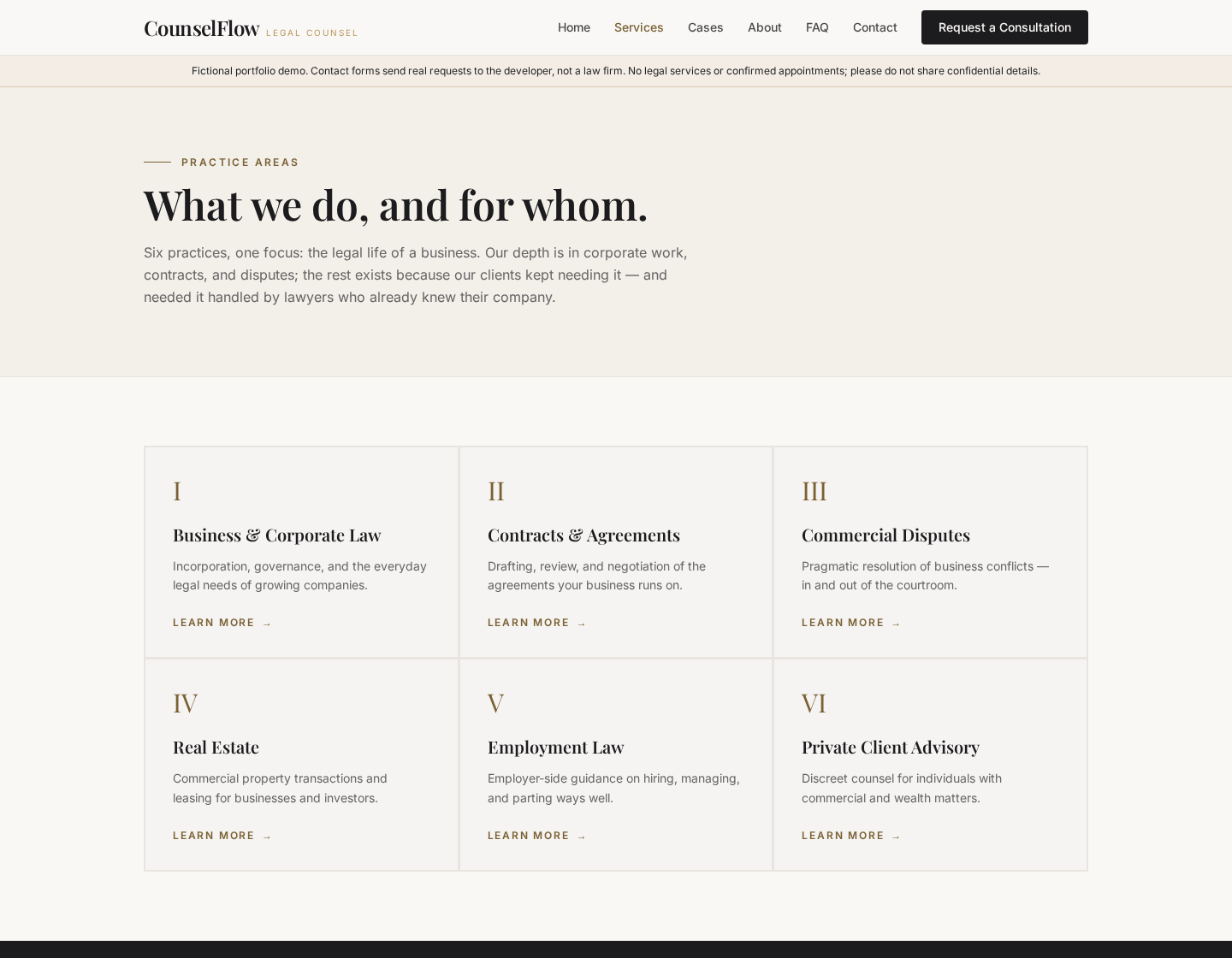CounselFlow practice areas page with six service cards and clear headings.