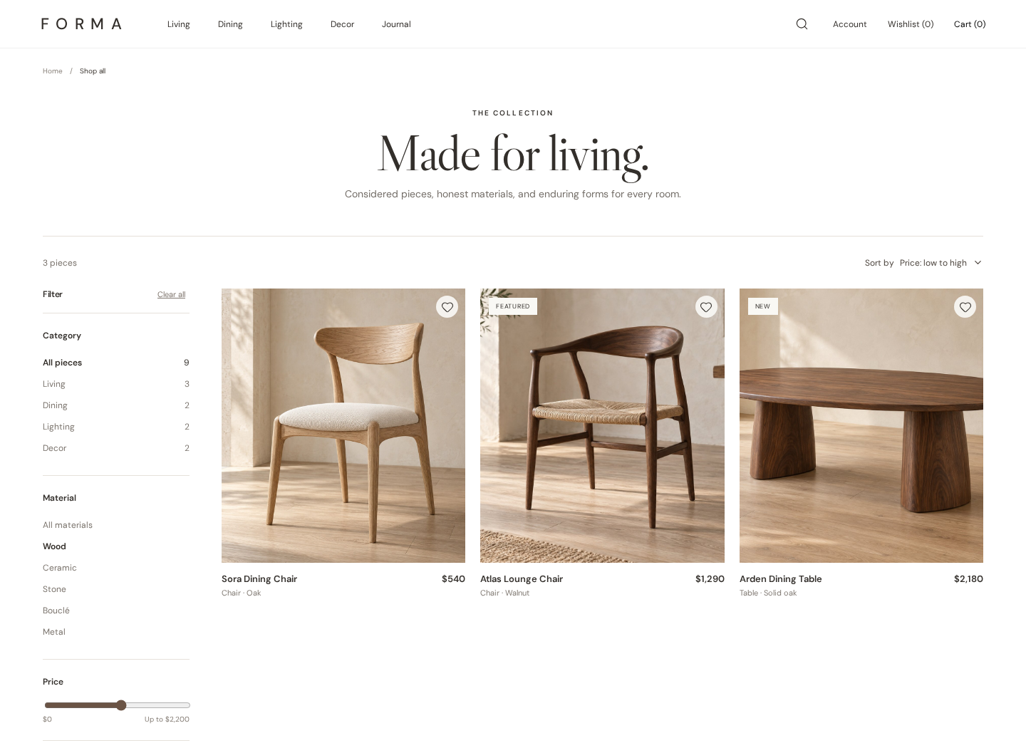 Forma shop catalogue filtered to wood products and sorted by price.