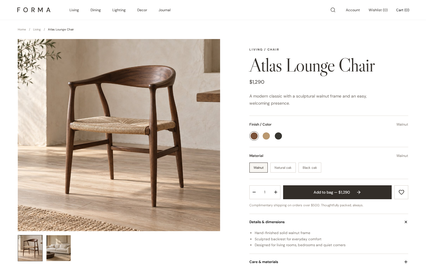 Forma Atlas Chair product page with imagery, finish selection and product details.