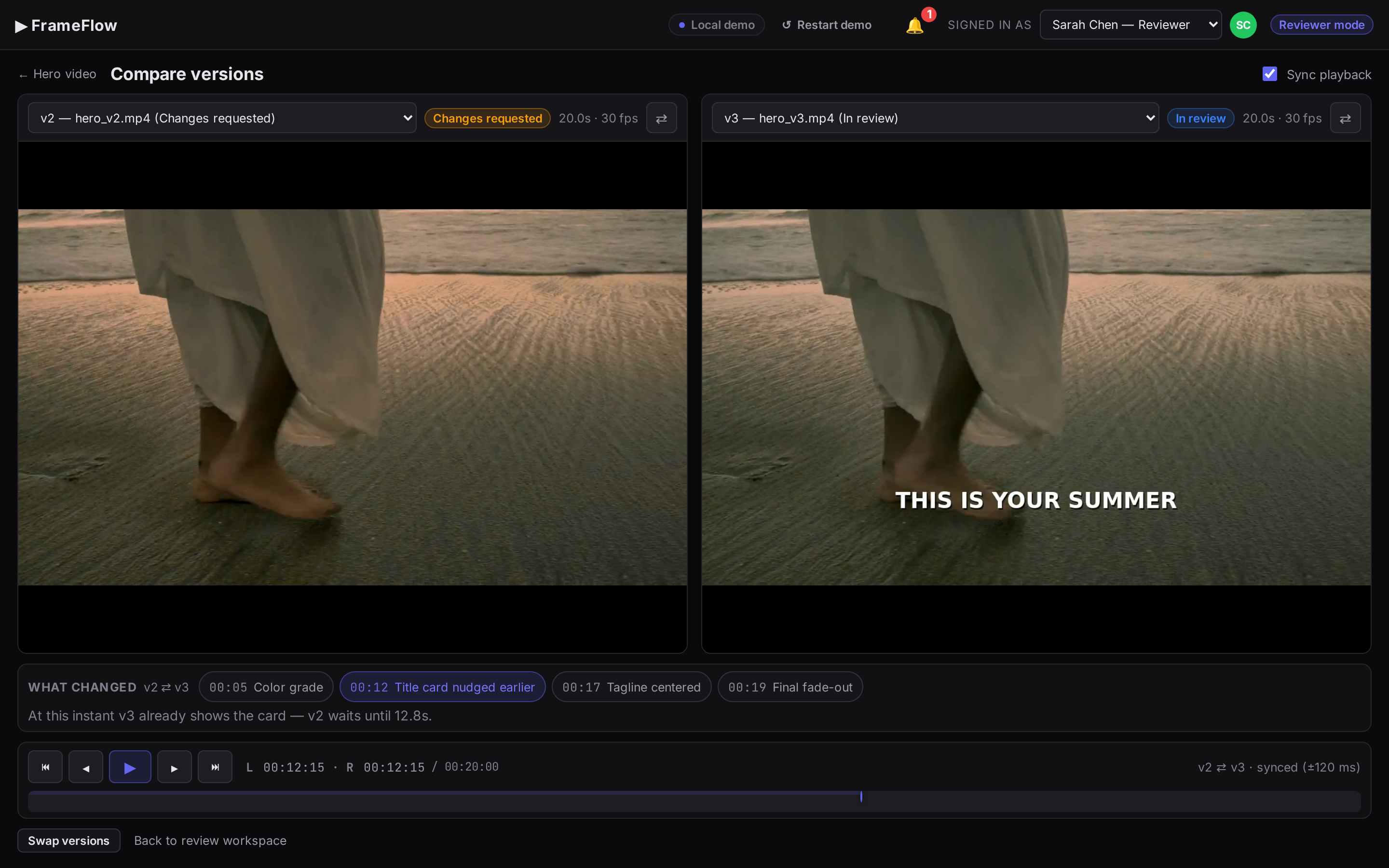 Version comparison view playing two cuts of the same timeline side by side, in sync.