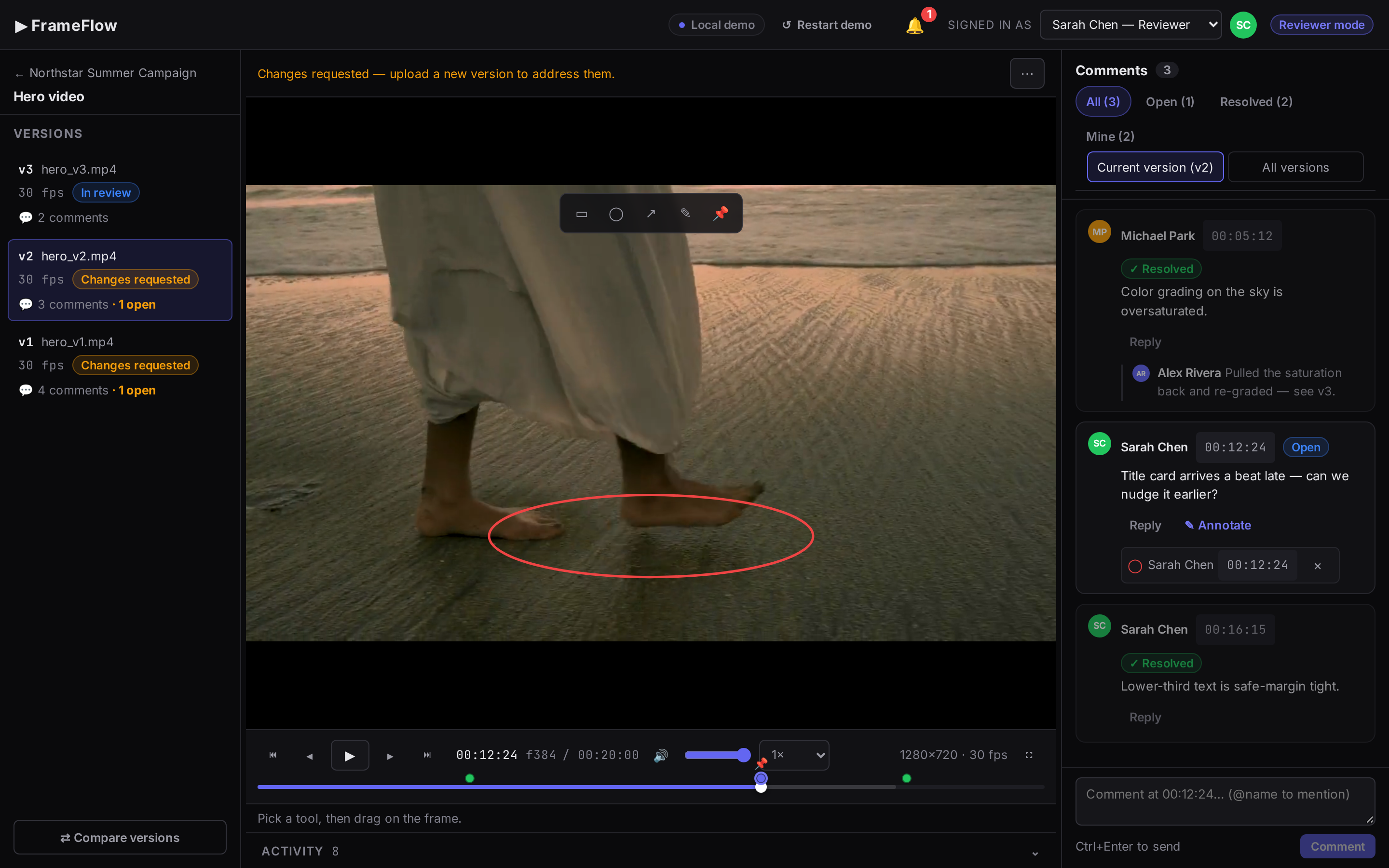 FrameFlow review workspace: a comment pinned to the exact frame, with annotation tools above the video player.