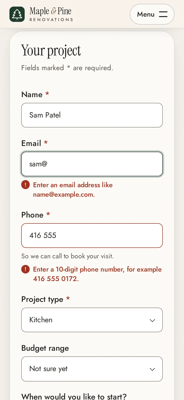 Estimate form on a phone with the kitchen project preselected and inline errors for an incomplete email address and phone number.
