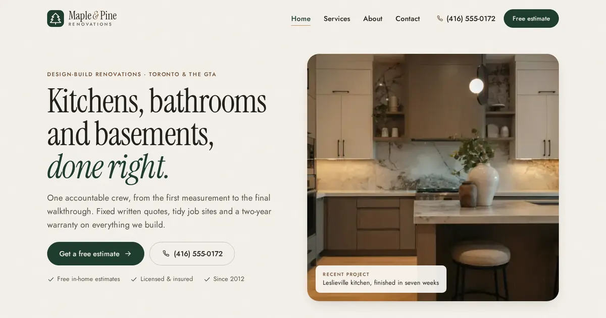 Maple & Pine Renovations home page: a warm kitchen photo, the headline Kitchens, bathrooms and basements, done right, and Get a free estimate and phone buttons.