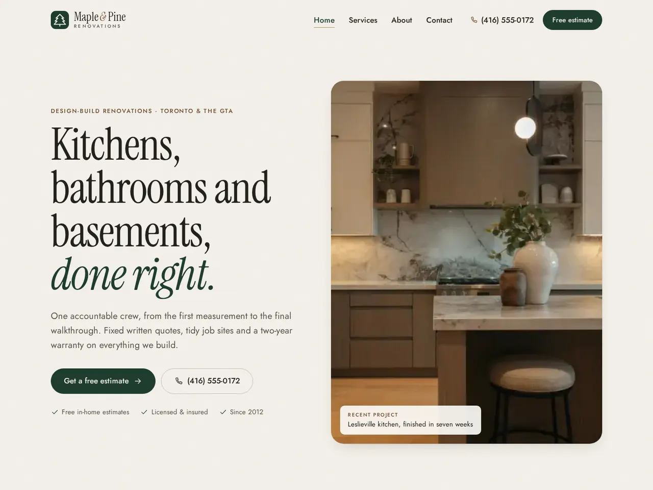 Maple & Pine desktop first screen with the serif headline, estimate and phone buttons, trust points and a large kitchen photo with a recent project note.