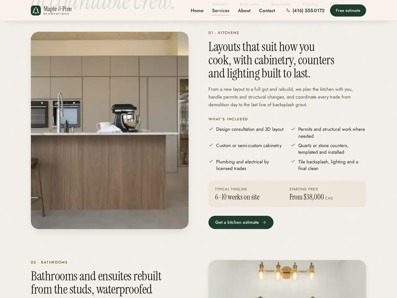 Kitchens section of the Services page with a photo, a checklist of what is included, a 6–10 week timeline and a starting price of $38,000 CAD.