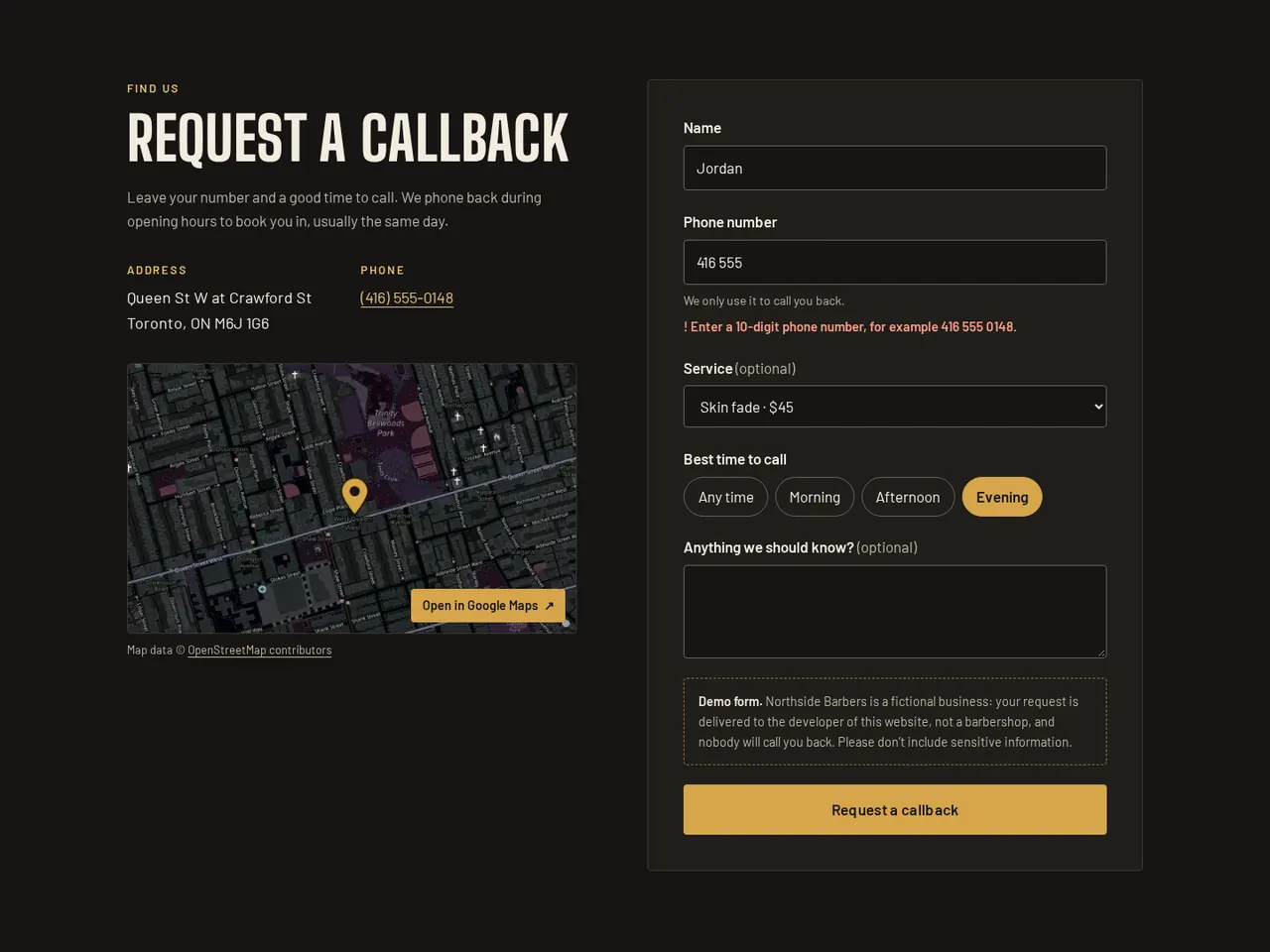 Callback form showing an inline phone number error, a selected service and call time, the demo note and a static map.