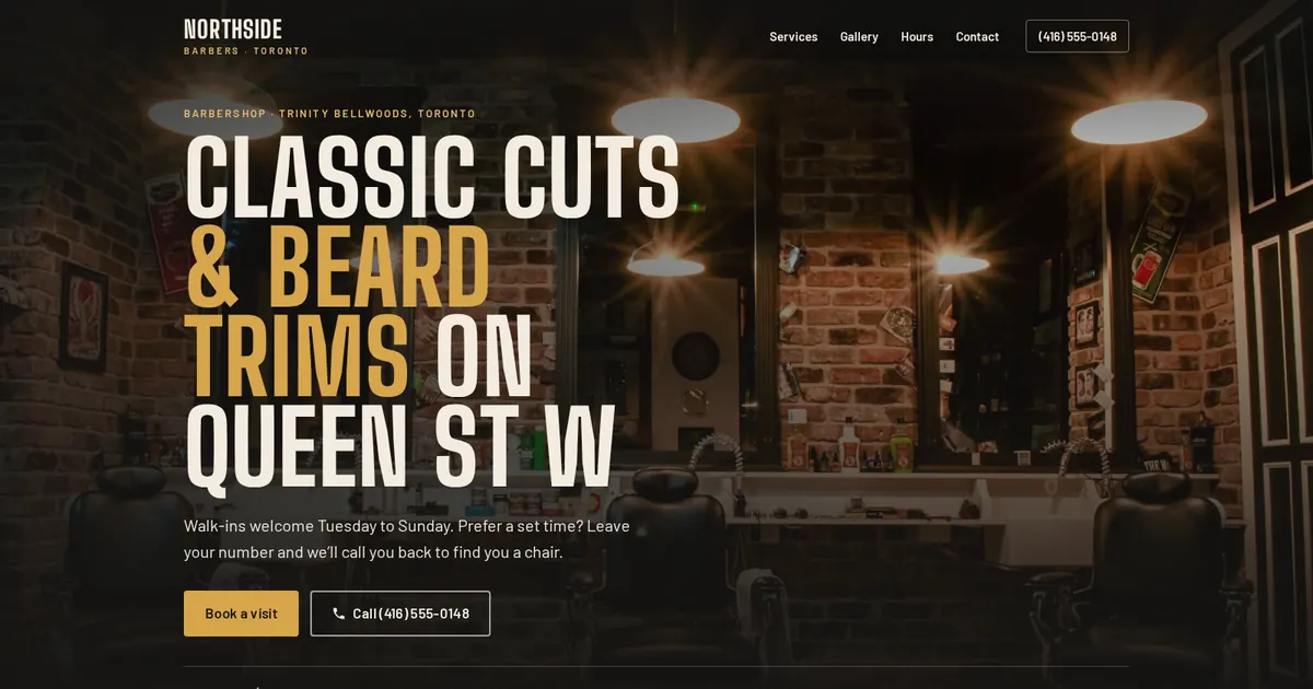 Northside Barbers hero with a dark brick interior, a brass and bone headline, and Book a visit and Call buttons.