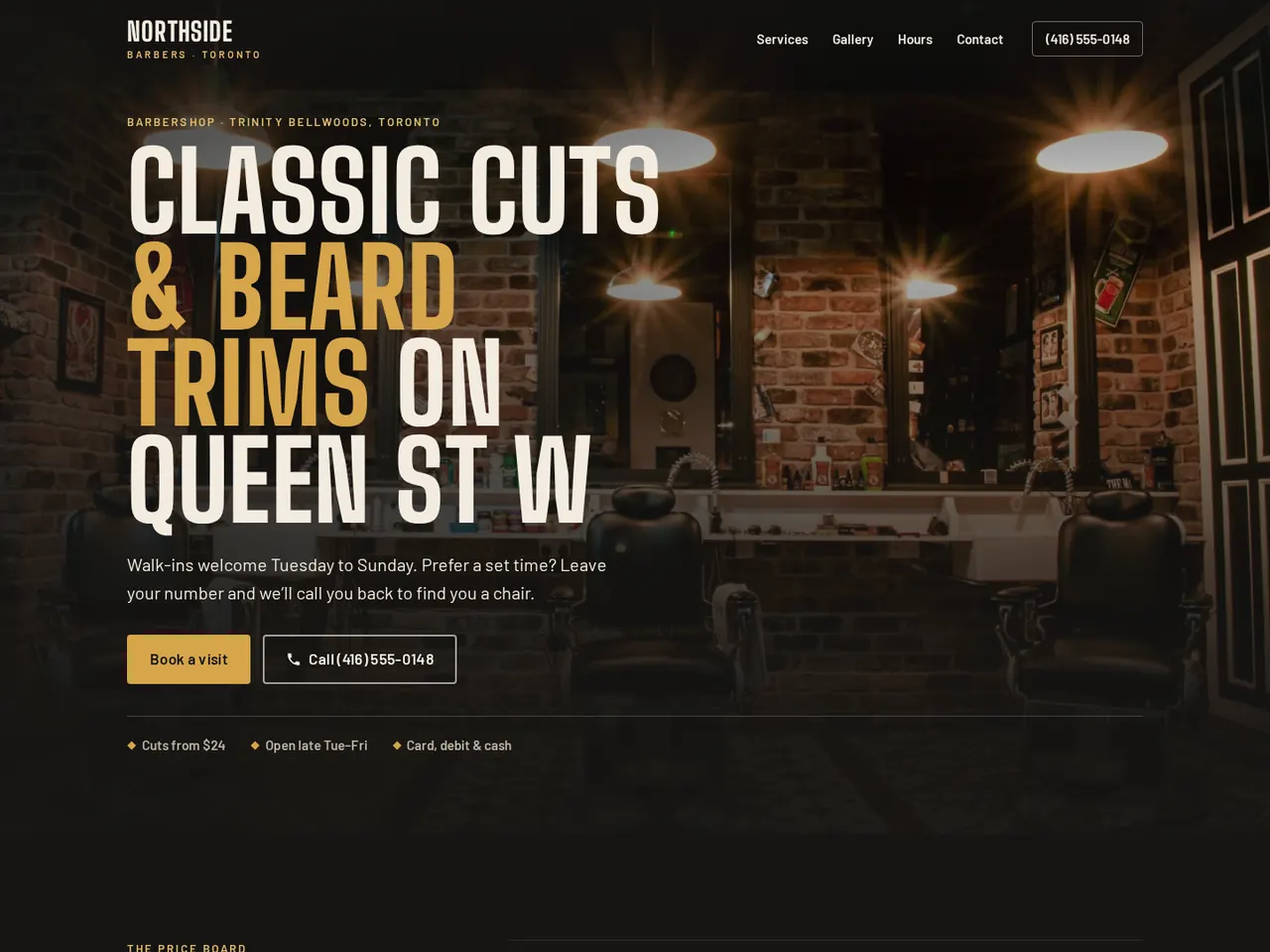 Northside Barbers desktop first screen with the shop interior, headline, Book a visit and Call buttons and key facts.