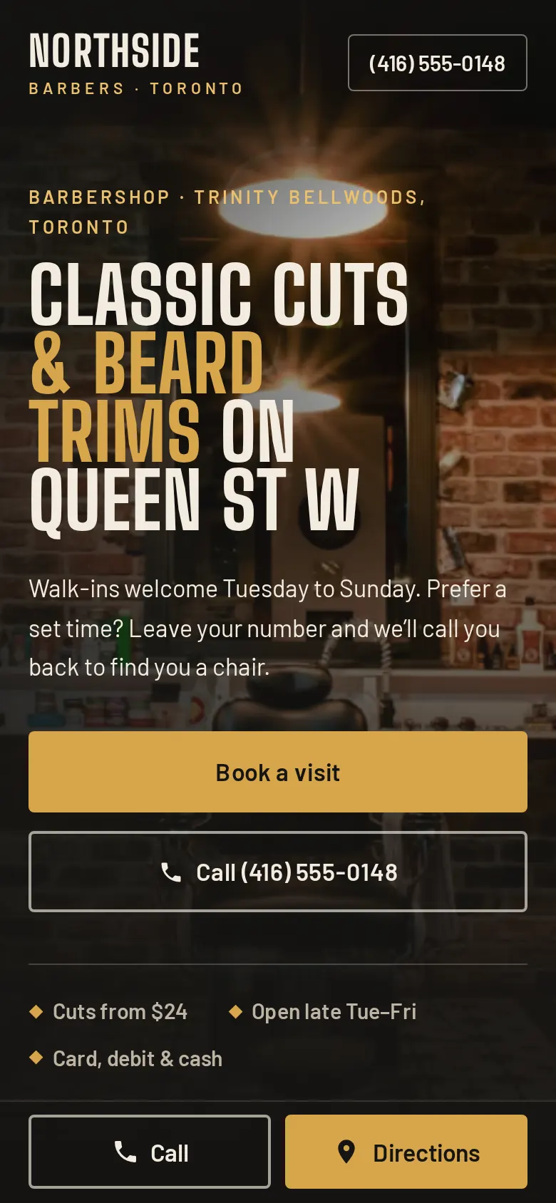 Northside Barbers on a phone, with the headline, large action buttons and a fixed Call and Directions bar.