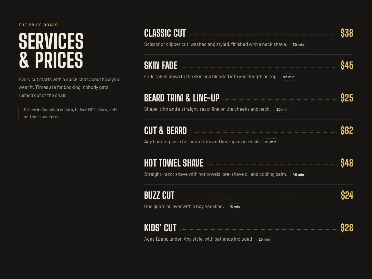Services and prices list with seven services, CAD prices, dotted leaders and durations.