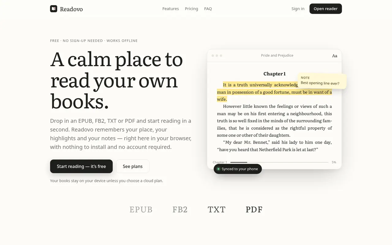 Readovo home page: “A calm place to read your own books” with a preview of the reader.