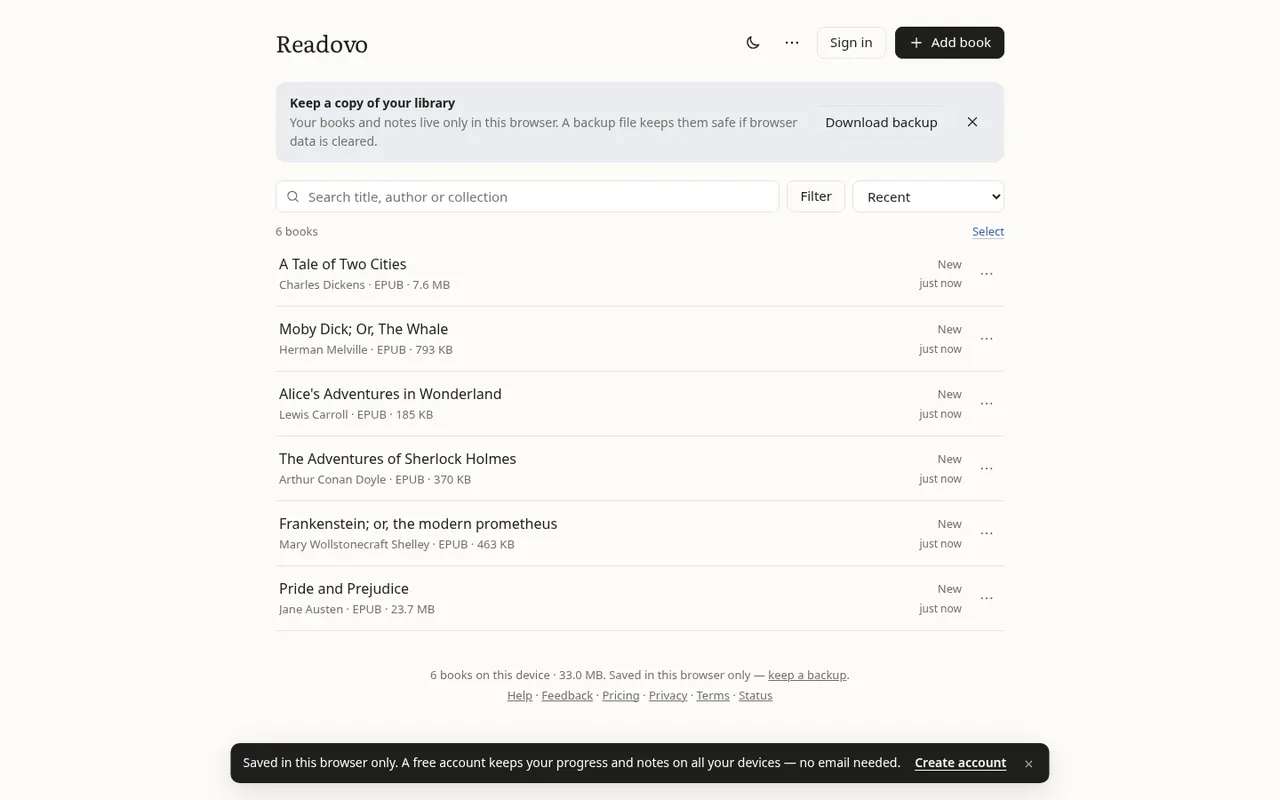 Readovo library listing six classic books with author, format and size.