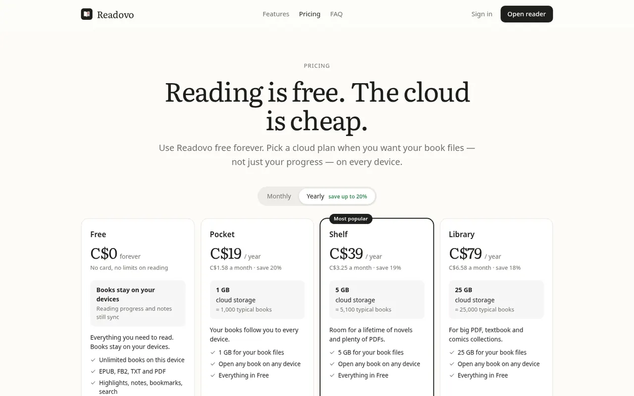 Readovo pricing page with Free, Pocket, Shelf and Library plans in Canadian dollars.