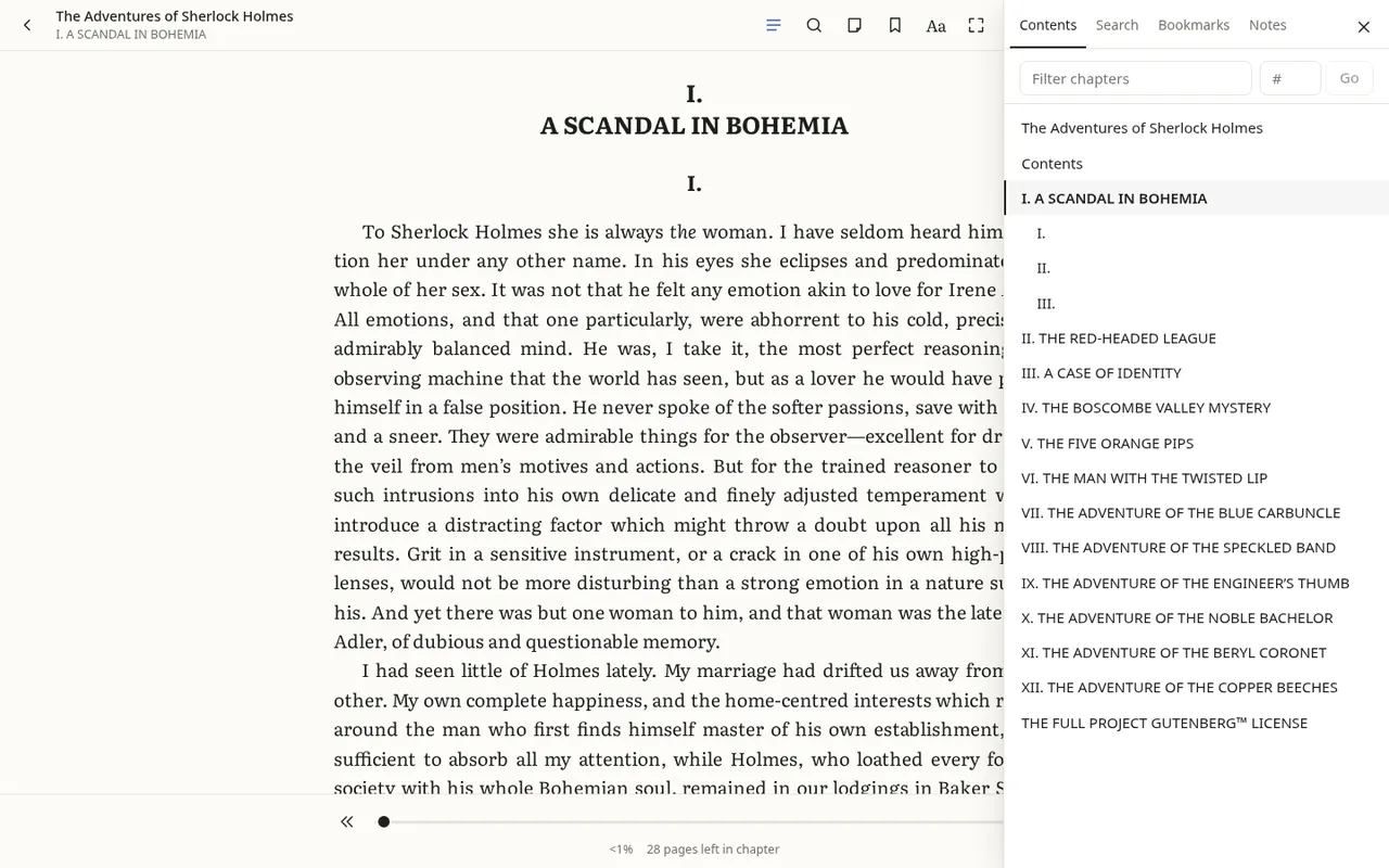 Readovo reading The Adventures of Sherlock Holmes with the contents panel open beside the page.
