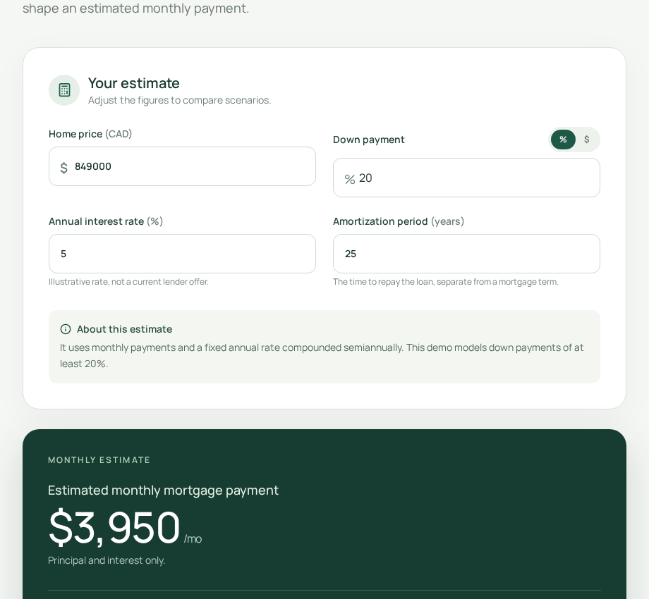 Northline mortgage calculator with home price, down payment and an illustrative monthly payment.