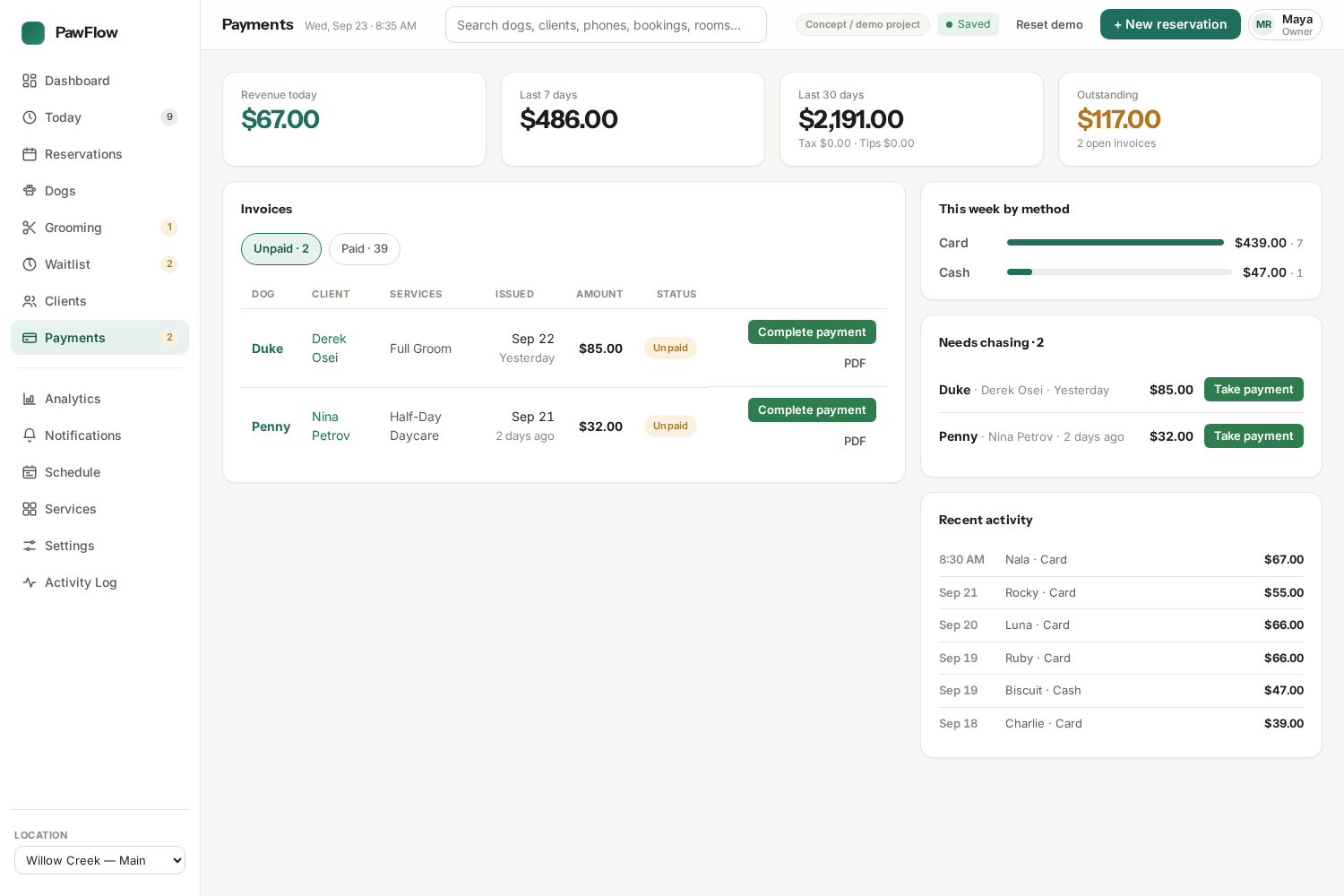 PawFlow payments area with invoices and balances for the demo business.