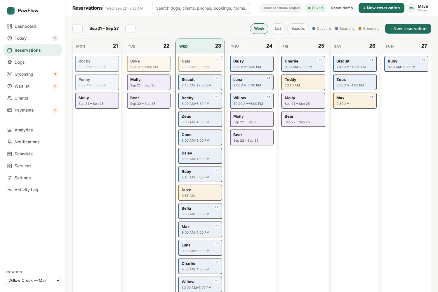 PawFlow reservations view with a week calendar and service-coded bookings.