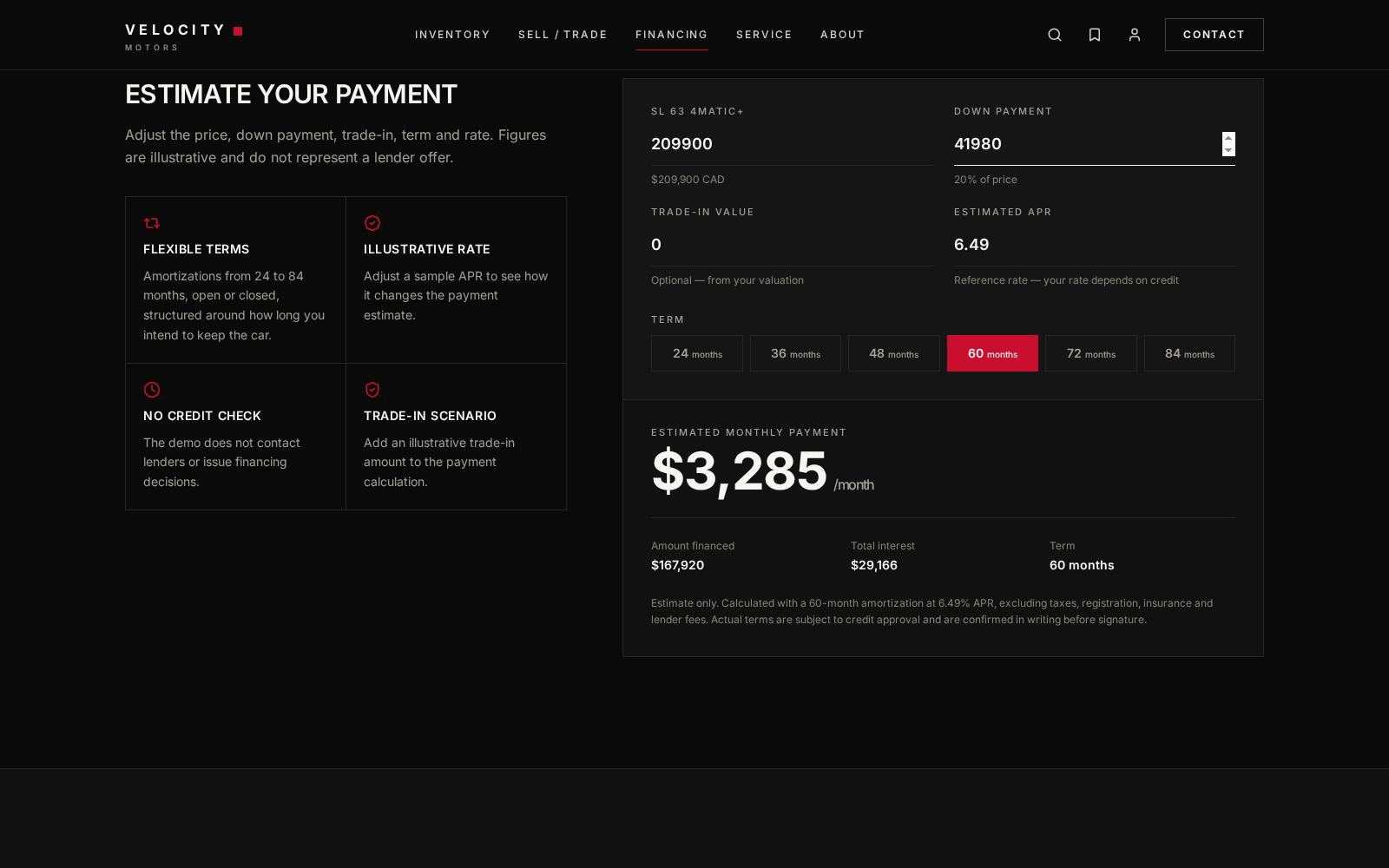 Velocity financing calculator with adjustable assumptions and an illustrative estimate.