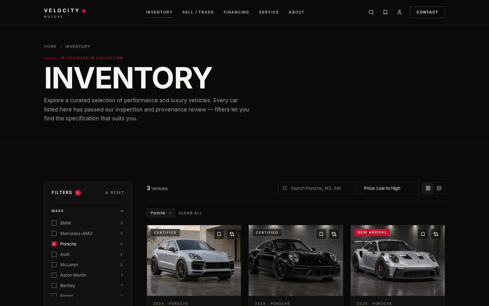 Velocity inventory filtered to Porsche vehicles with sorting, result cards and active choices.
