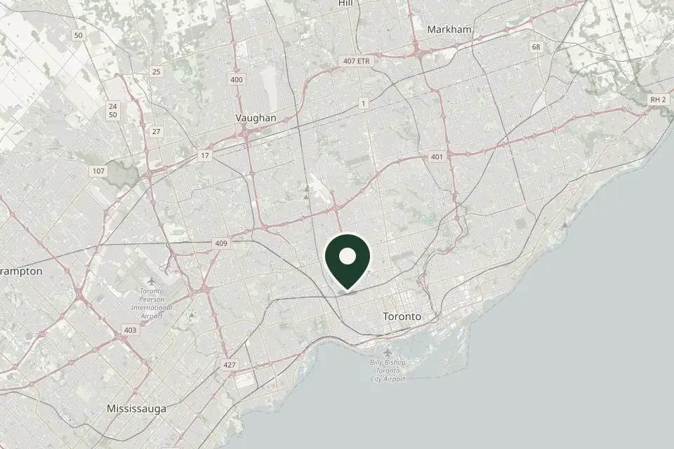 Map of the Greater Toronto Area from Mississauga to Markham, with a pin on the design studio near Dufferin and Dupont in Toronto.