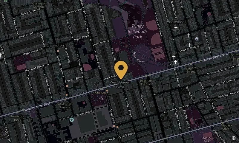 Street map of Queen St W at Crawford St with a pin on the shop, next to Trinity Bellwoods Park.
