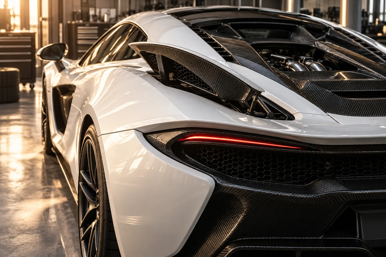 Carbon-fibre aerodynamic detail on a white supercar