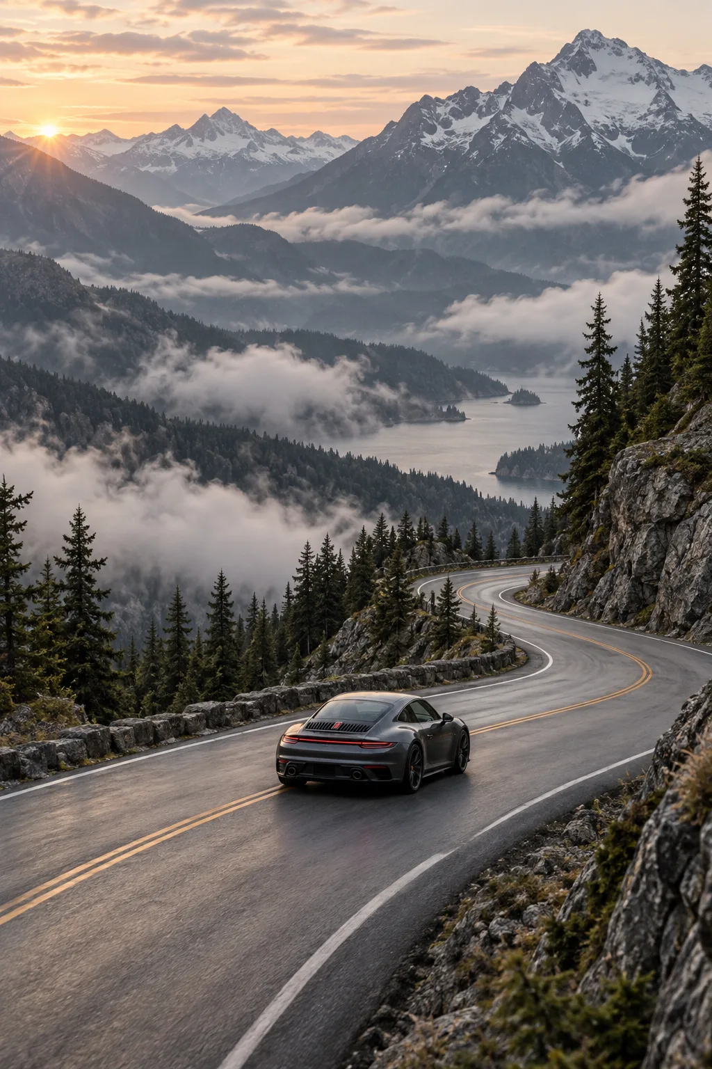 Dark sports coupe climbing a winding mountain pass