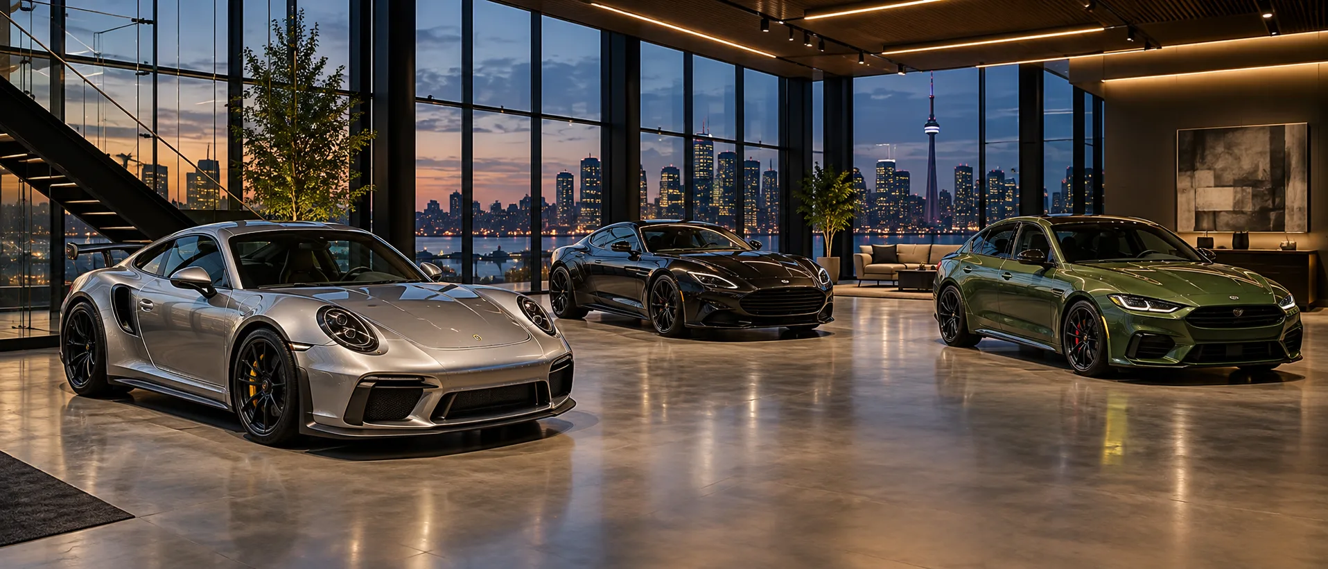 Performance cars displayed in a modern glass showroom