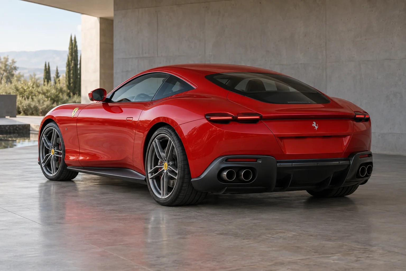 Illustrative rear three-quarter view of a 2023 Ferrari Roma