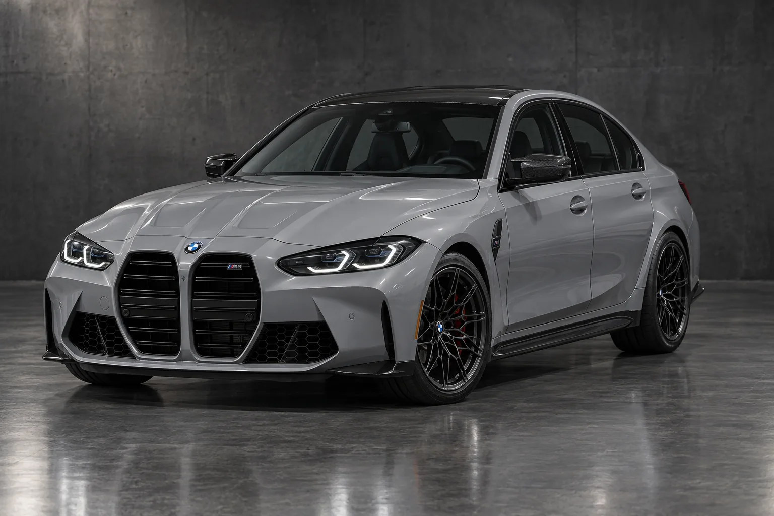 Illustrative front three-quarter view of a 2024 BMW M3 Competition xDrive