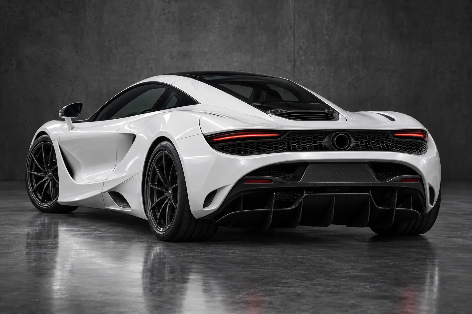 Illustrative rear three-quarter view of a 2024 McLaren 750S